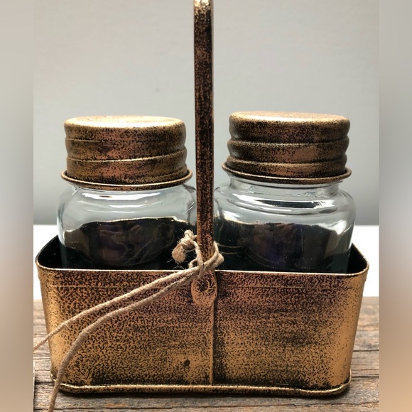 NEW Burnished Gold Rustic Look Salt & Pepper Shaker Set in Tray - Picture 4 of 10
